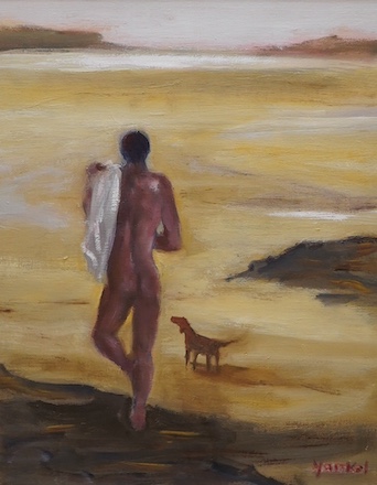 Yankel Feather (1920-2009), oil on canvas, 'Man and dog on beach', signed, inscribed verso with booklet on the artist, oil on canvas, 49 x 39cm